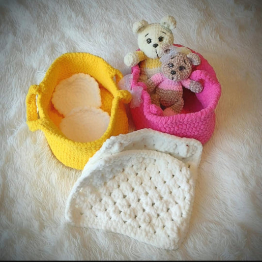 Knitted Set: Basket, teddy bear, blanket & pillow