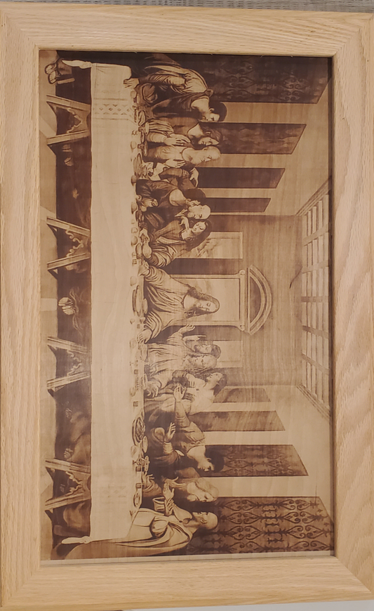 Picture the Art of burn in a red oak frame