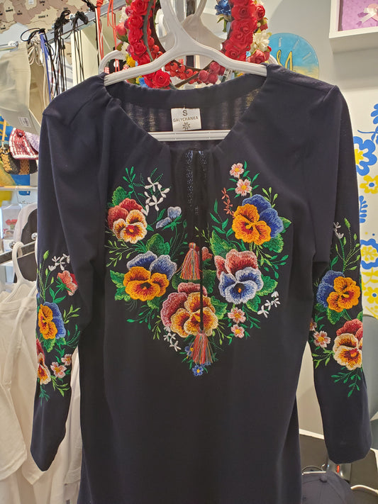 Embroidered blouse "Galychanka" navy blue with flowers