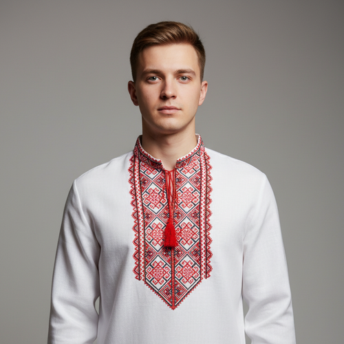 A young men wearing a traditional white Ukrainian vyshyvanka with red and black geometric embroidery, shown in a studio setting.