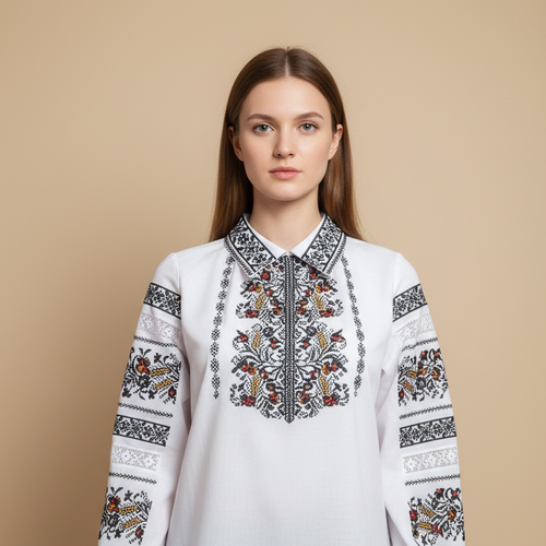 A young woman wearing a traditional white Ukrainian vyshyvanka with red and black geometric embroidery, shown in a studio setting. 