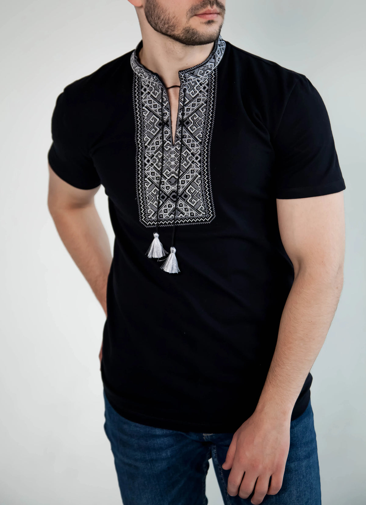 Men's embroidered T-shirt "Tradyzia" (navy blue with grey)