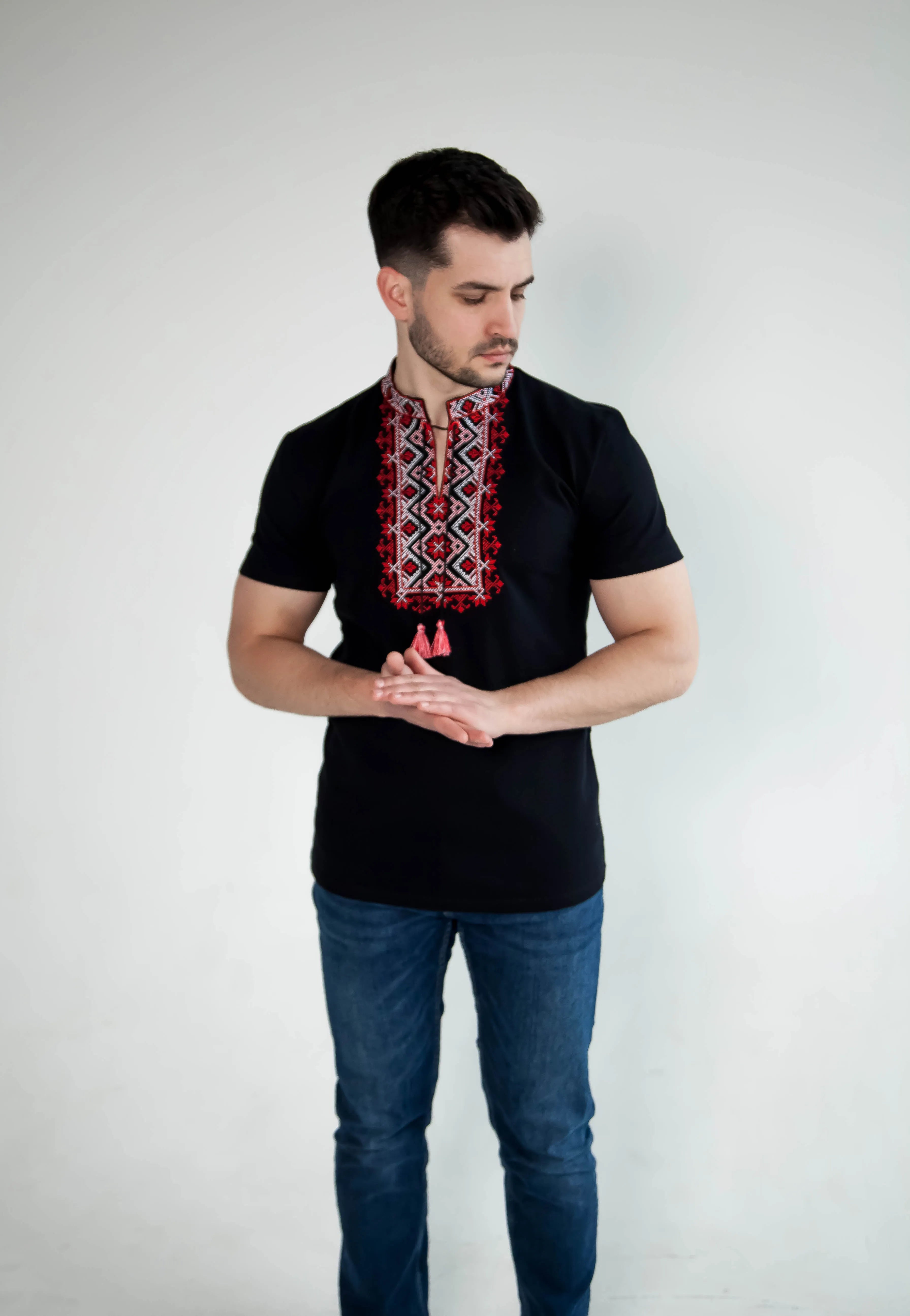 Men's embroidered T-shirt "Starfall" M, XL, XXL (navy blue with red)