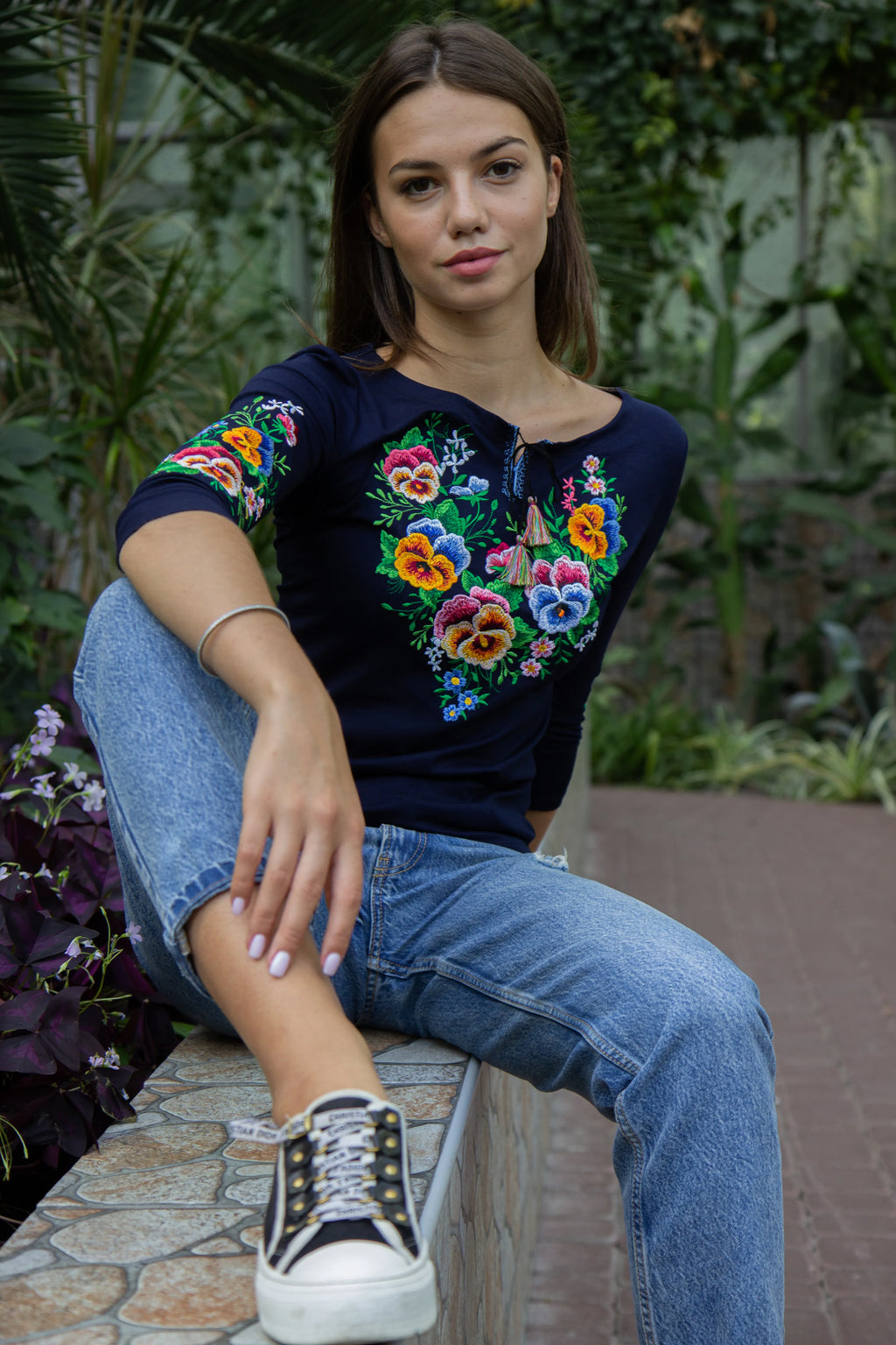 Embroidered women's T-shirt Anyutka plus (blue t.)