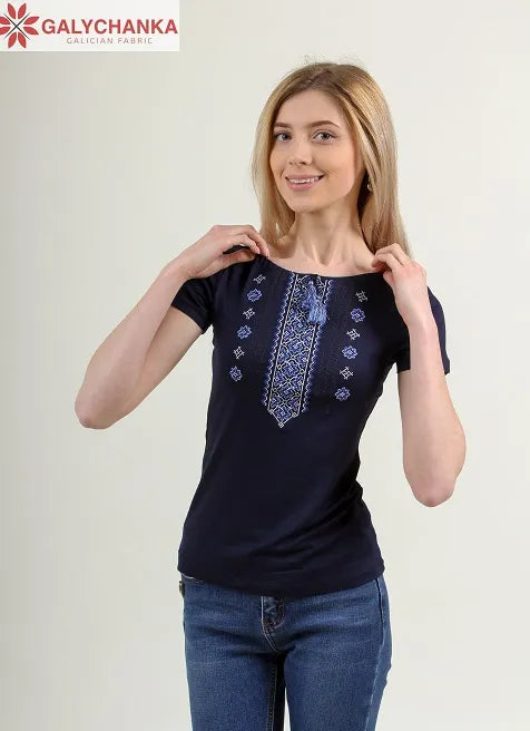 Embroidered women's T-shirt Ornament (blue t. with blue)