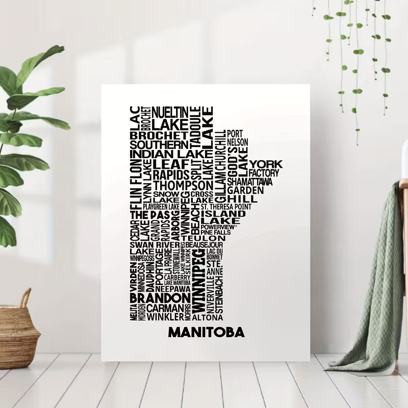 Manitoba City Map Canvas Wall Art Poster - 12X18 Inches