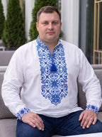 Men's embroidered shirt "Colonel Plus" (white with blue)