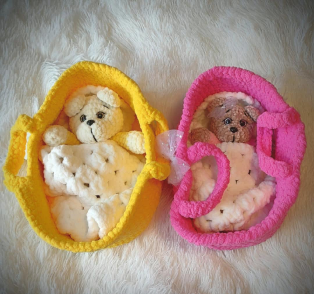 Knitted Set: Basket, teddy bear, blanket & pillow