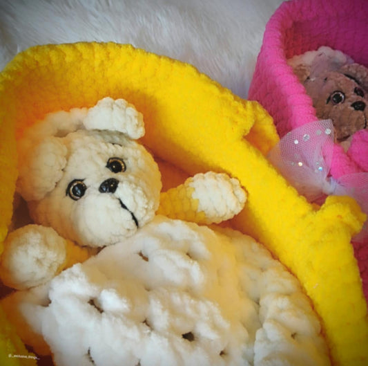 Knitted Set: Basket, teddy bear, blanket & pillow