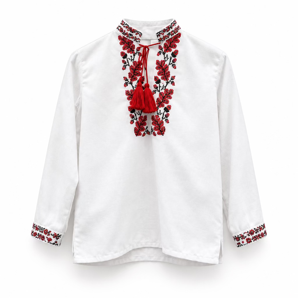 Embroidered children's shirt (white with red/blk leafs), Size 2-3 years