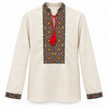 Embroidered linen men's shirt (beige with red/blk/yellow), Size S