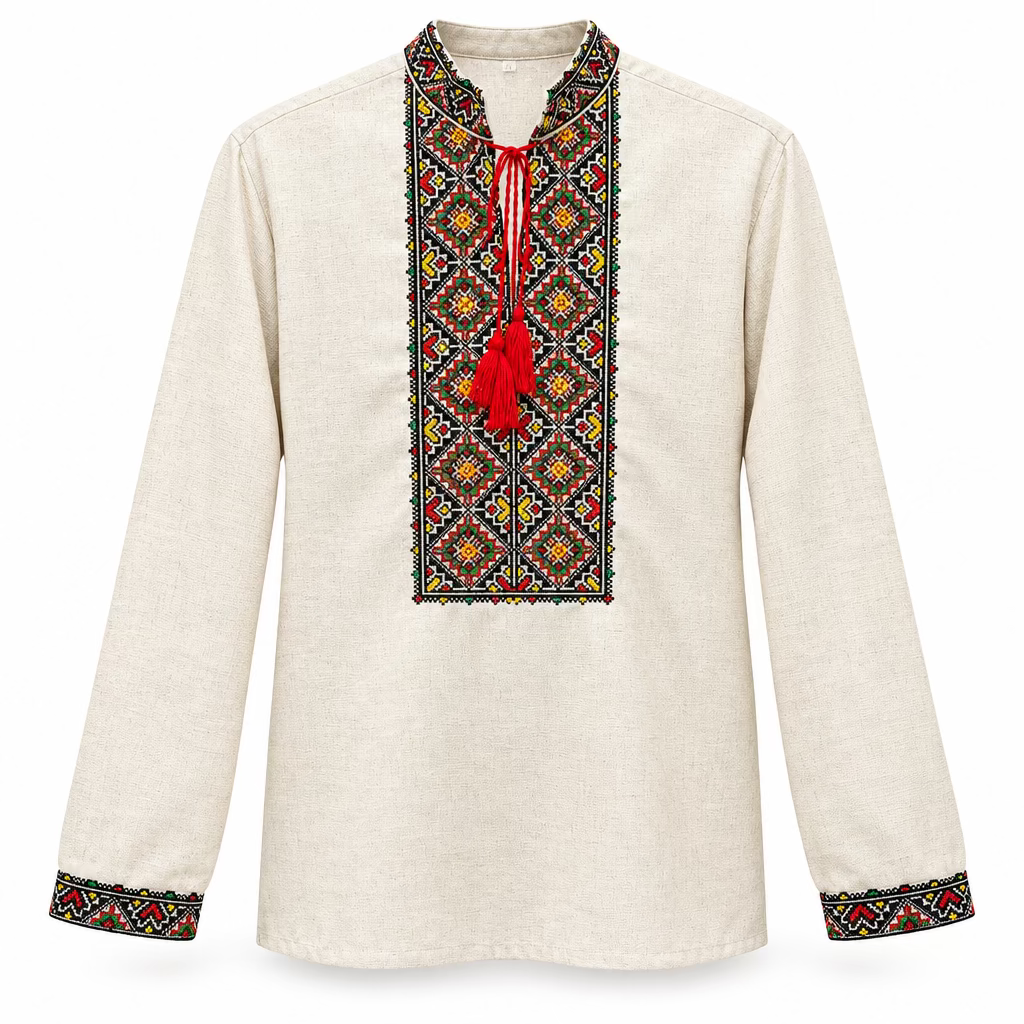 Embroidered linen men's shirt (beige with red/blk/yellow), Size S