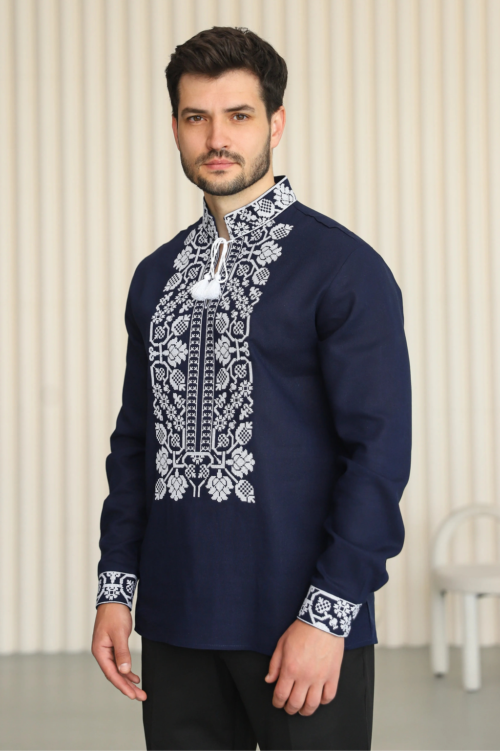 Men's Embroidered Shirt "Vsevolod" (navy blue, black)