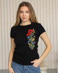 Women's Embroidered T-Shirt "Flowers" (black), Size S