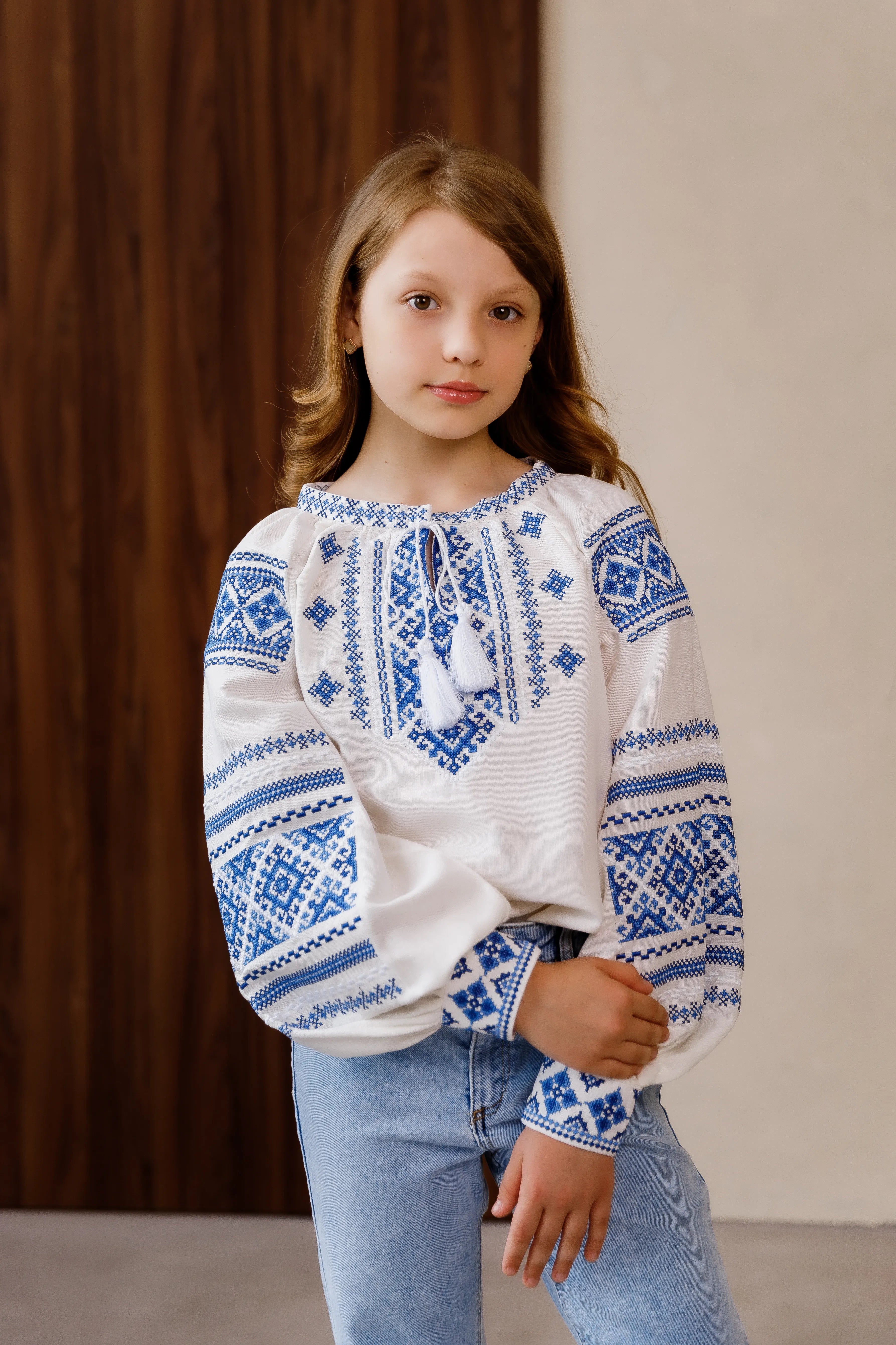 Embroidered blouse for girl Oksanka (milky with blue)