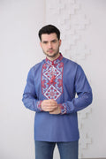 Men's embroidered shirt "Hoverla" XXXL, XXXXL (blue denim with red & white)
