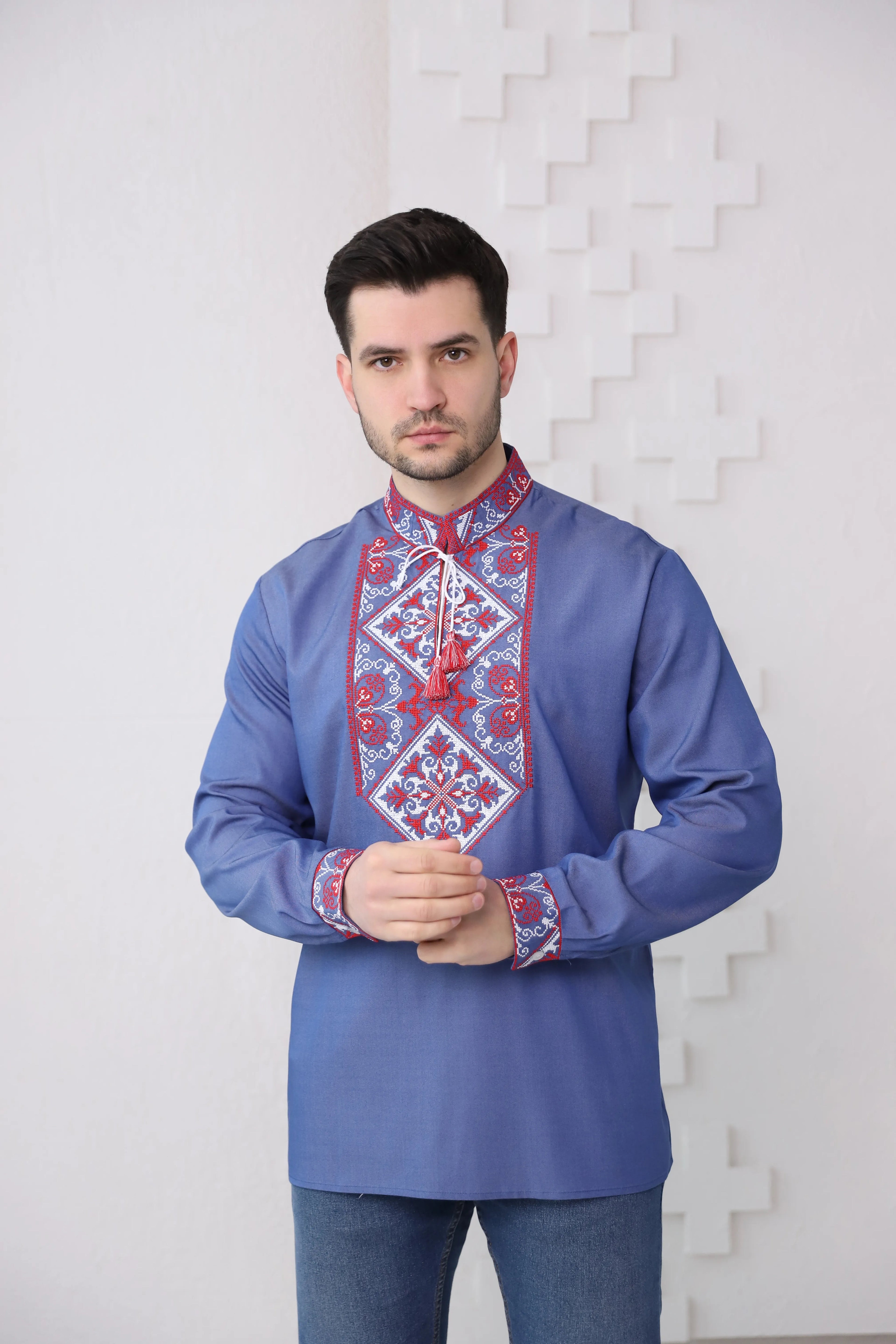 Men's embroidered shirt "Hoverla" XXXL, XXXXL (blue denim with red & white)