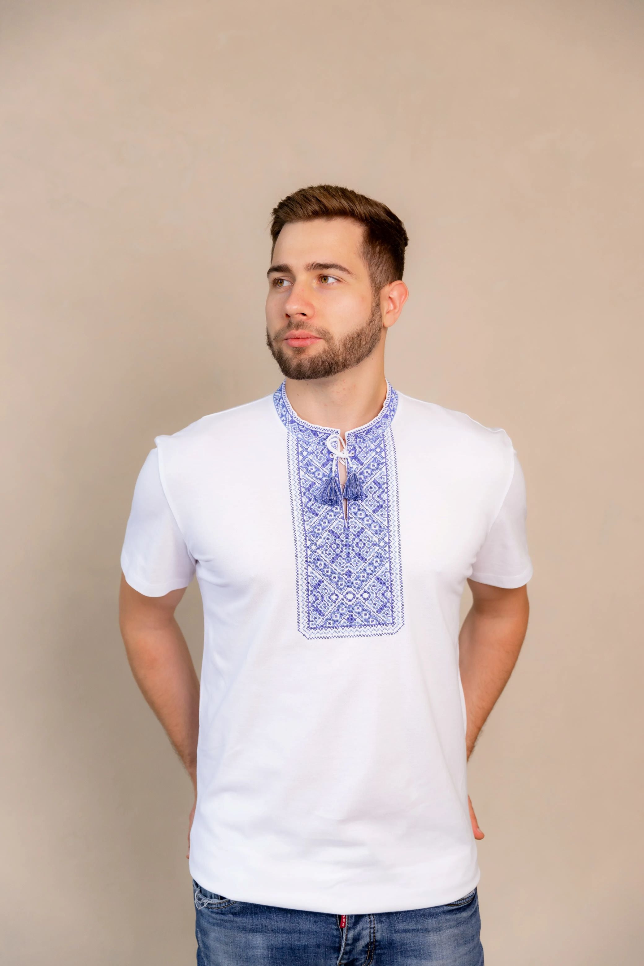 Men's embroidered T-shirt "Tradyzia" XL, XXL (white with blue)