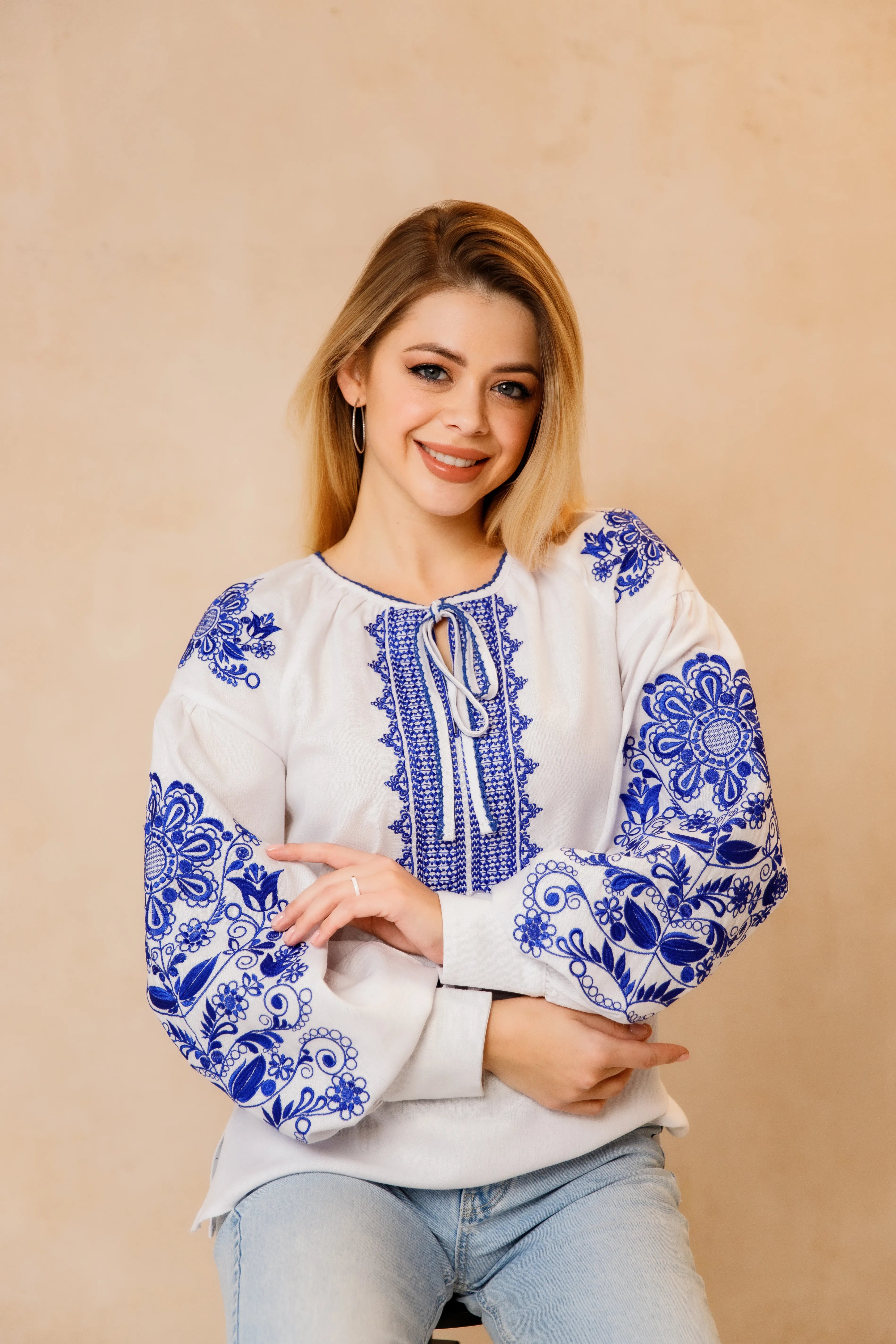 Women's embroidered blouse Tsvita (white with blue)