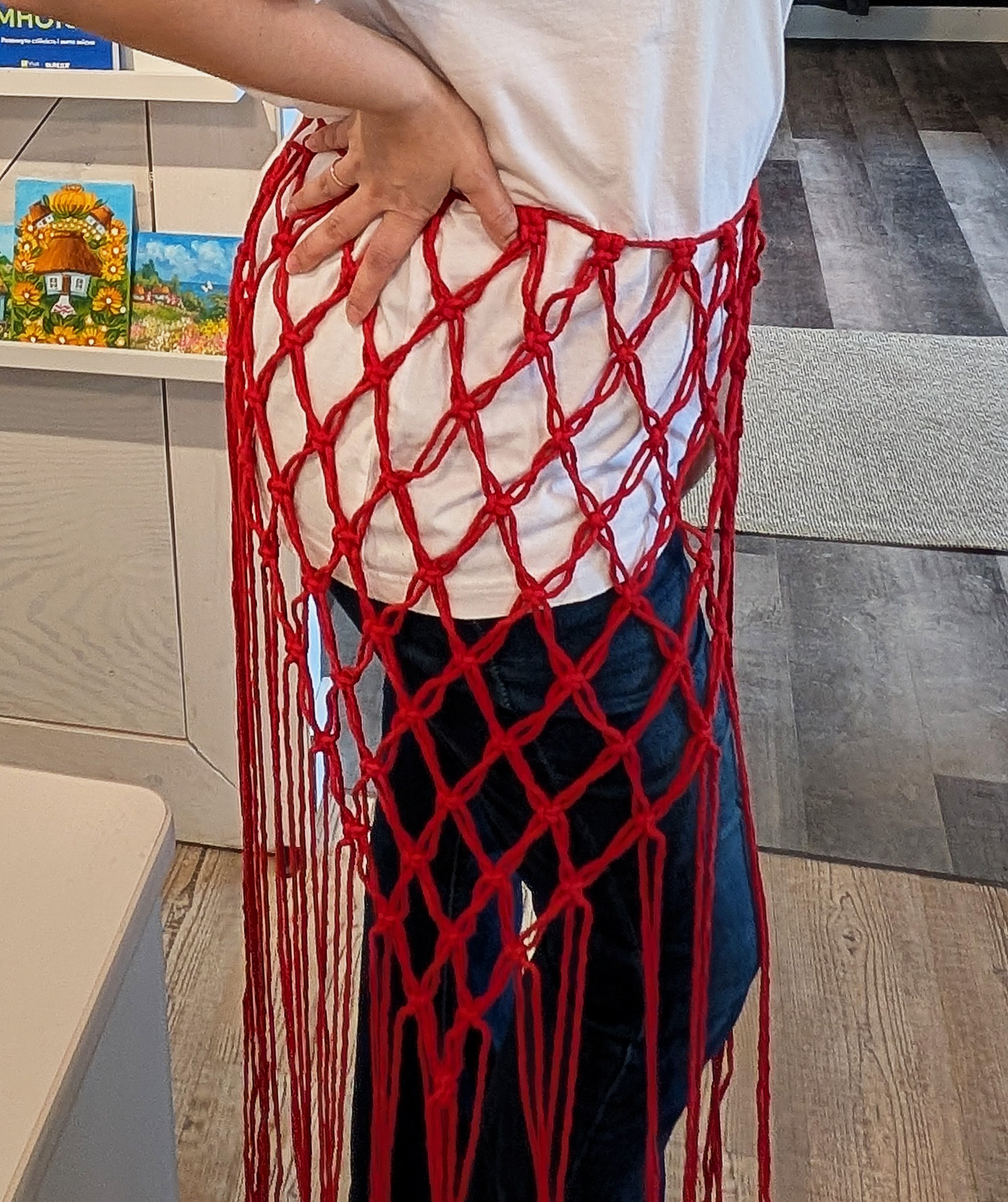 Macrame boho rope skirt red
