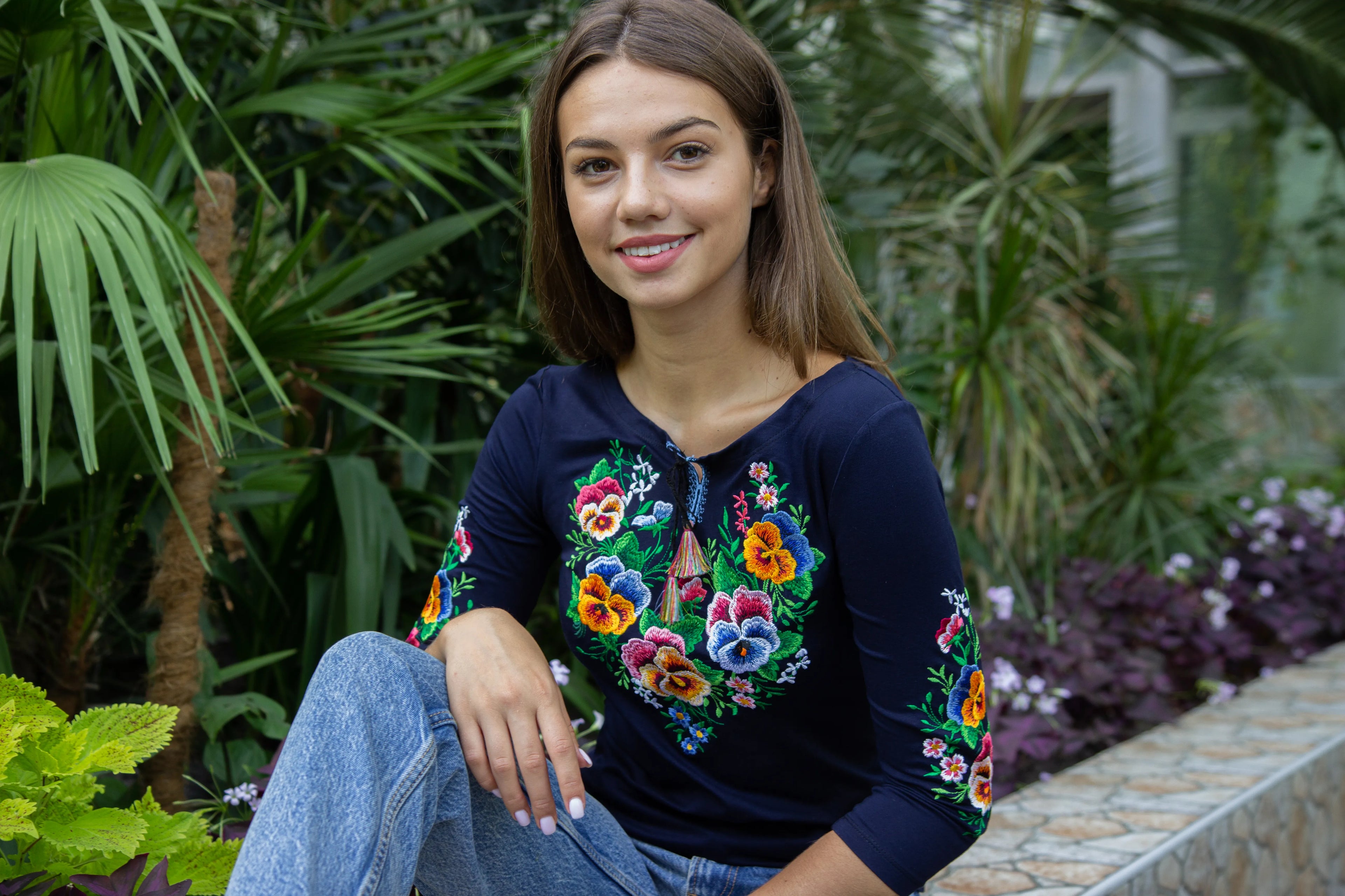 Embroidered women's T-shirt Anyutka plus (blue t.)