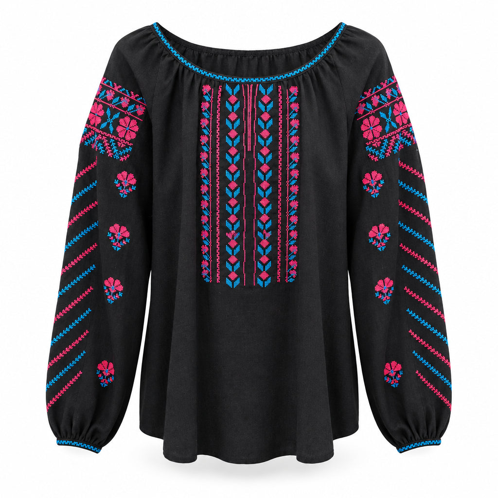 Embroidered women's  blouse (black with red/blue), Size L, XL