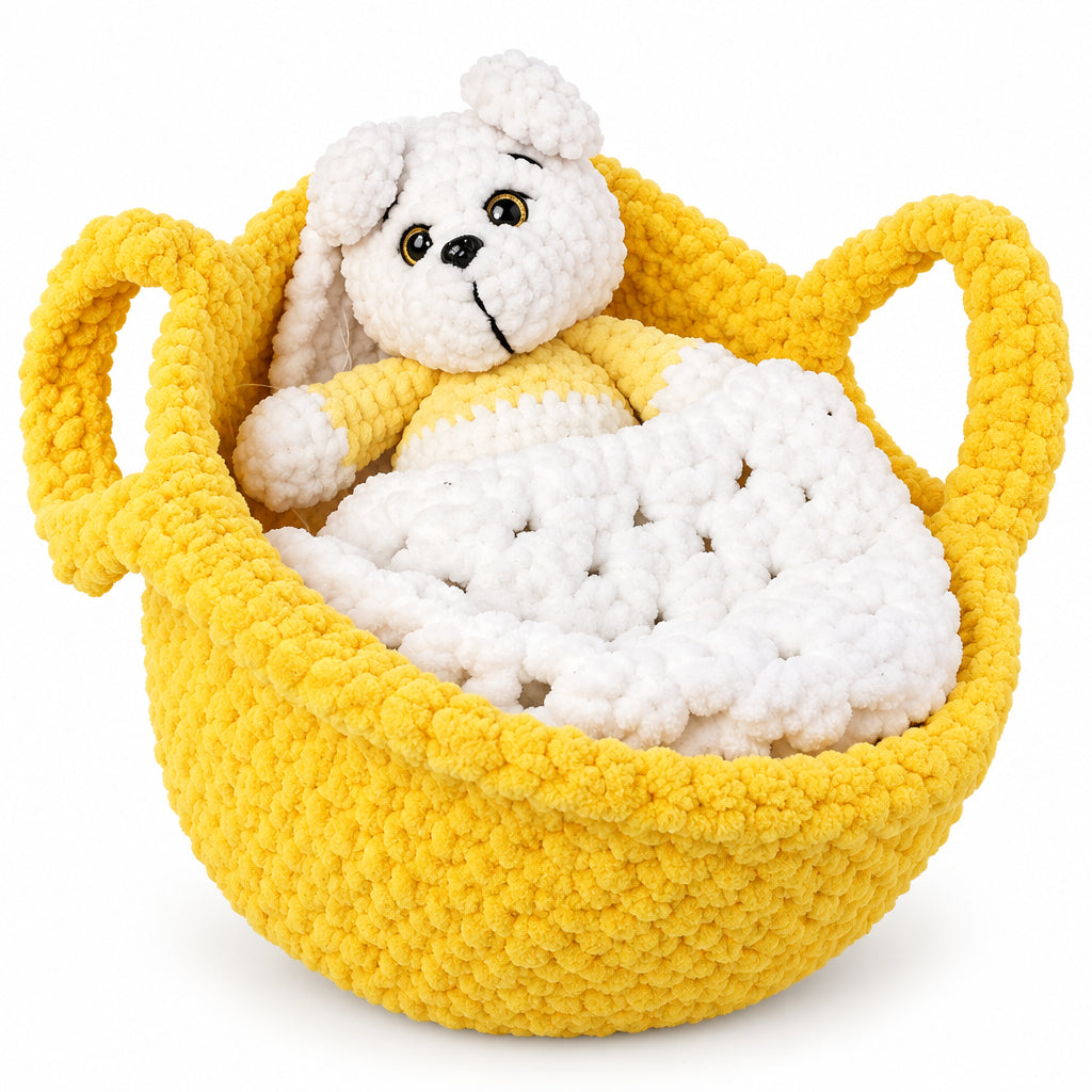 Knitted Set: Basket, teddy bear, blanket & pillow