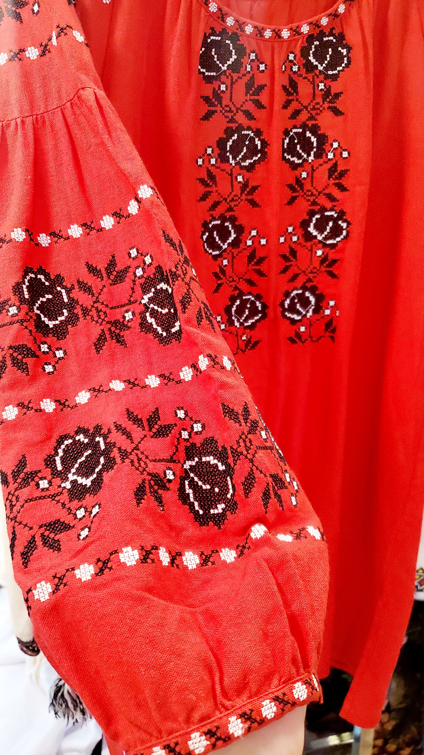 Embroidered women blouse Red (black/white flowers)