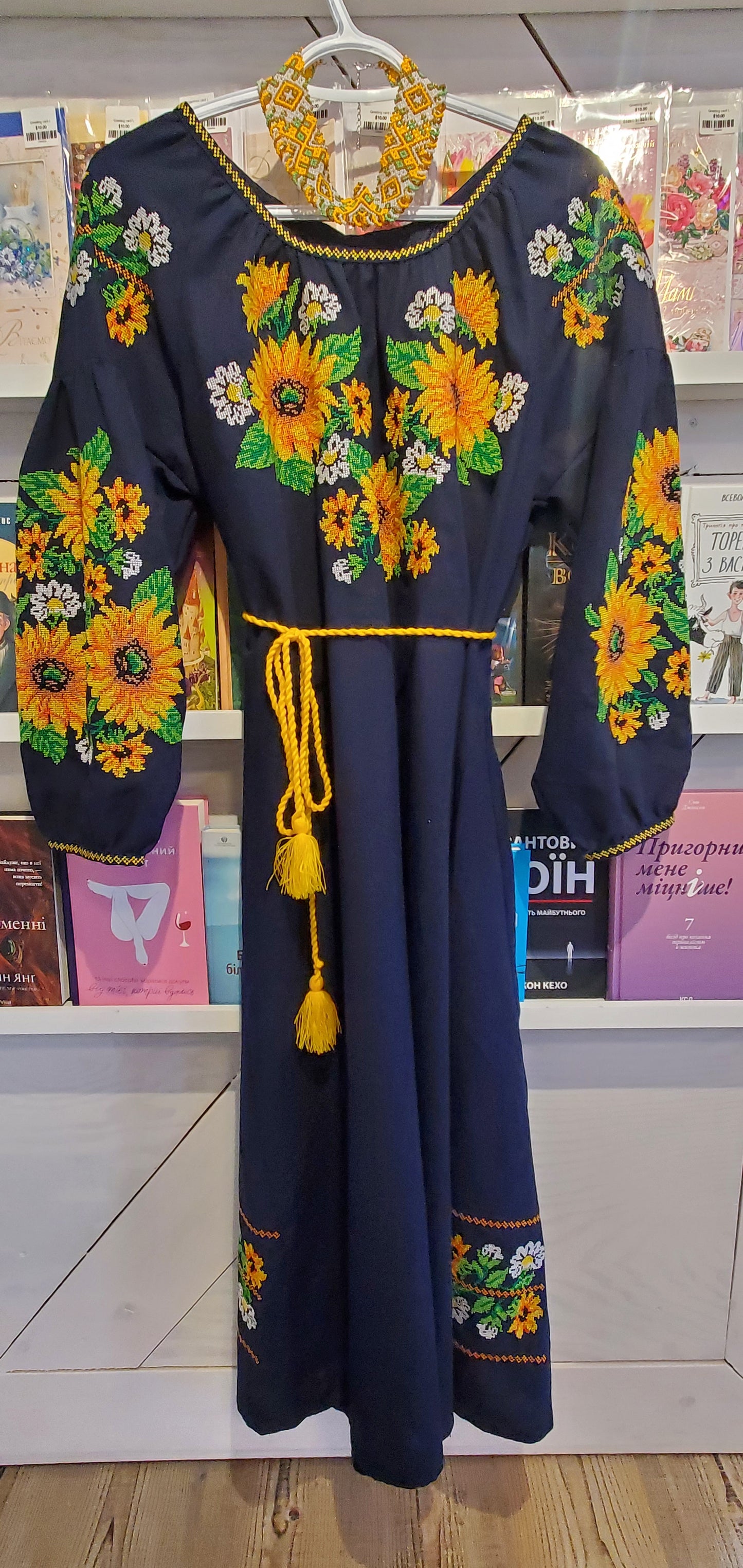 Embroidered dress blue/yellow sunflovers