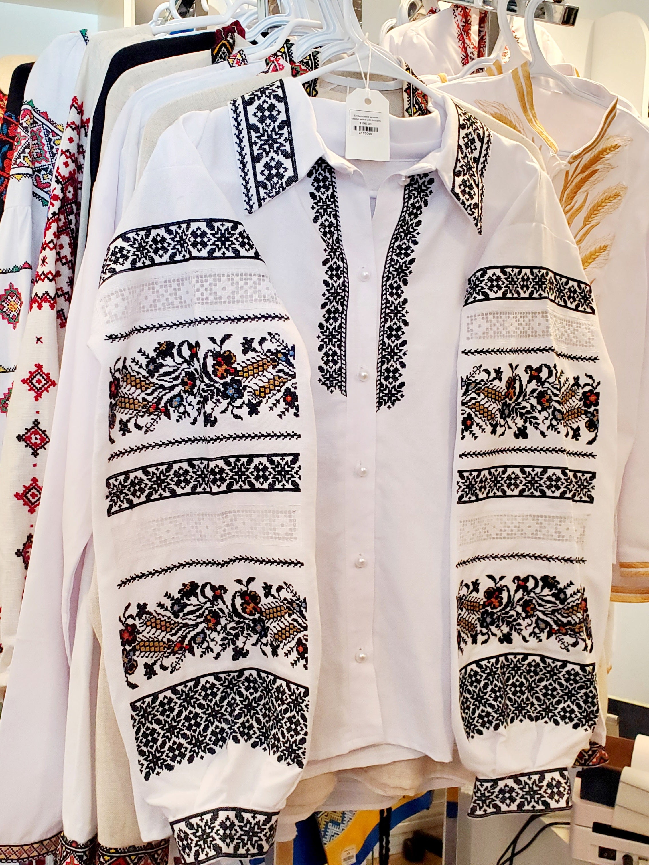 Embroidered women blouse "Vyshyvanka" (white/blk with buttons), Size M-L