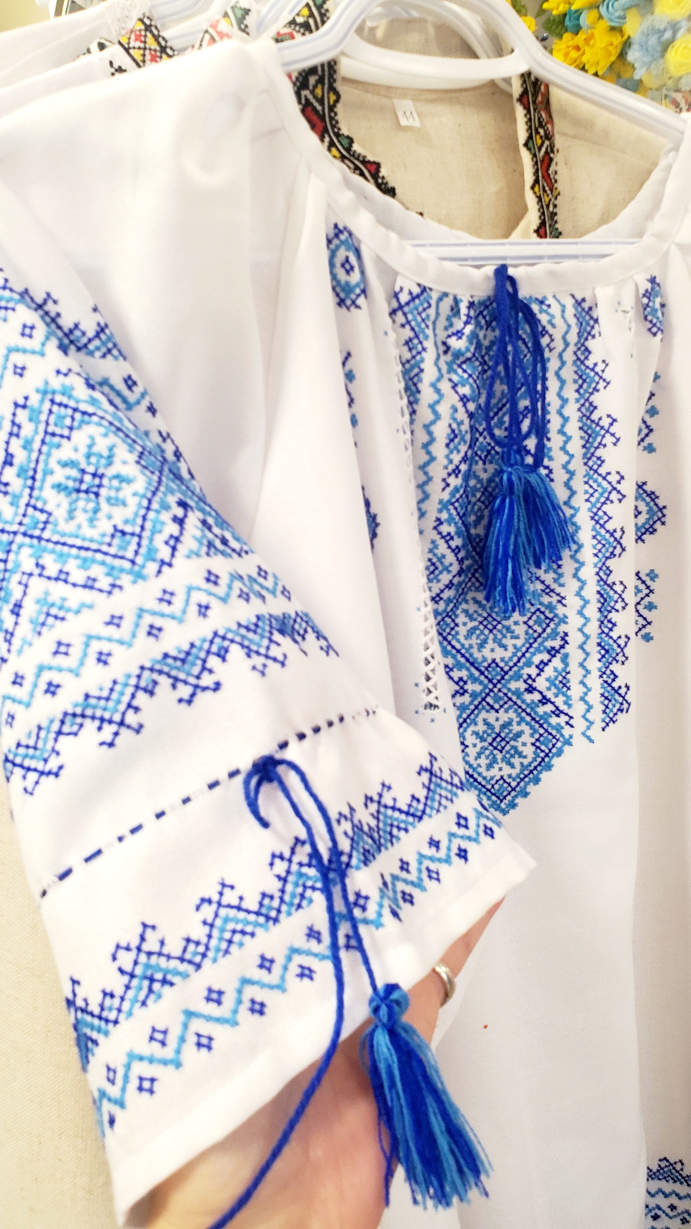 Handmade Embroidered women blouse (white with red/blue, 3/4 sleeves)