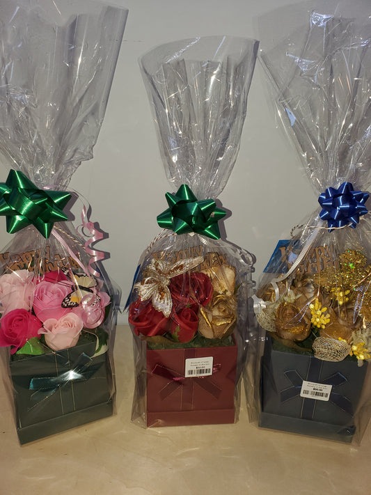 Bouquet of soap flowers in the box