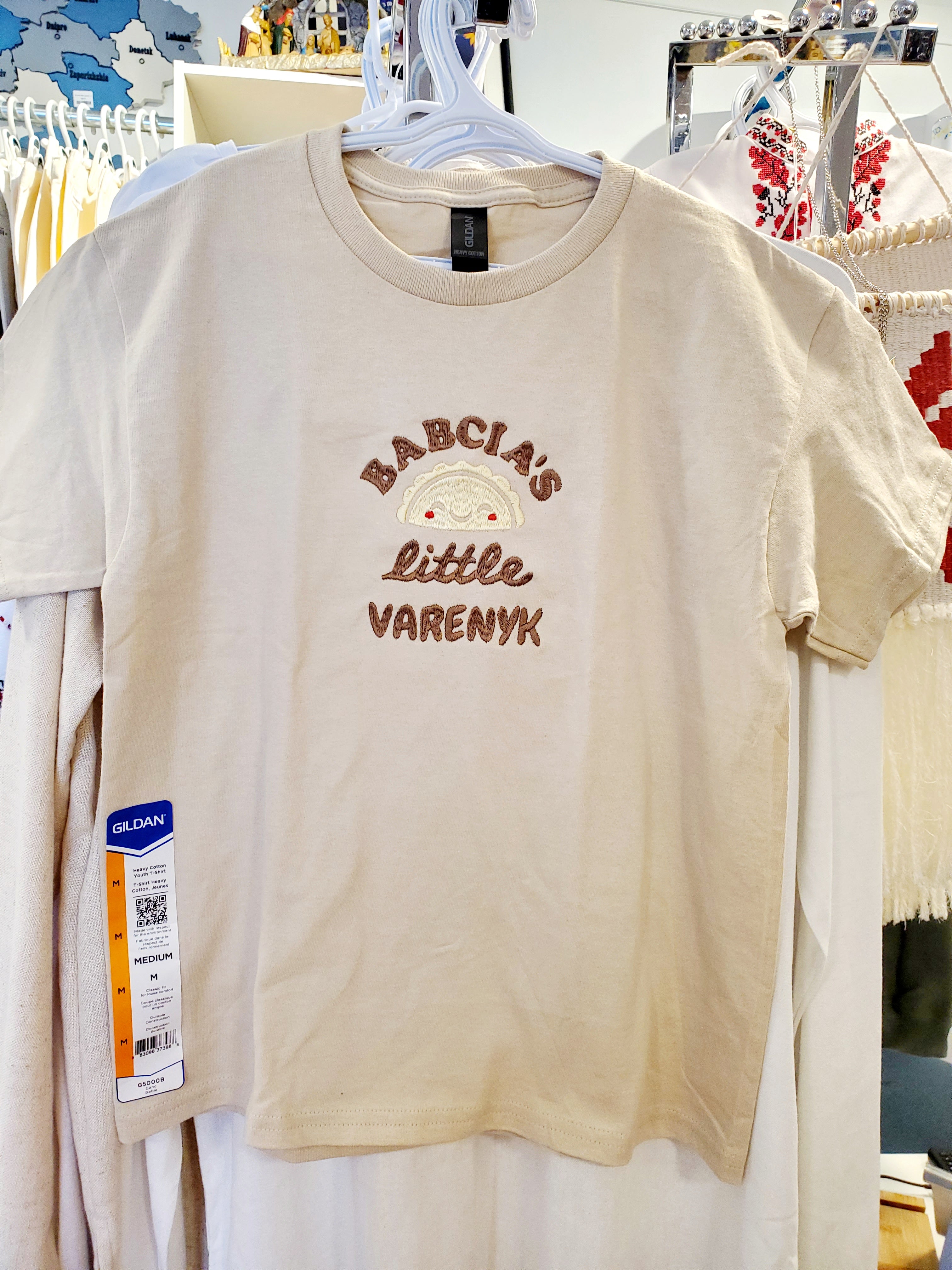 T-shirt kids with embroidery "Babcia's Little Varenyk", size XS, S, M, L