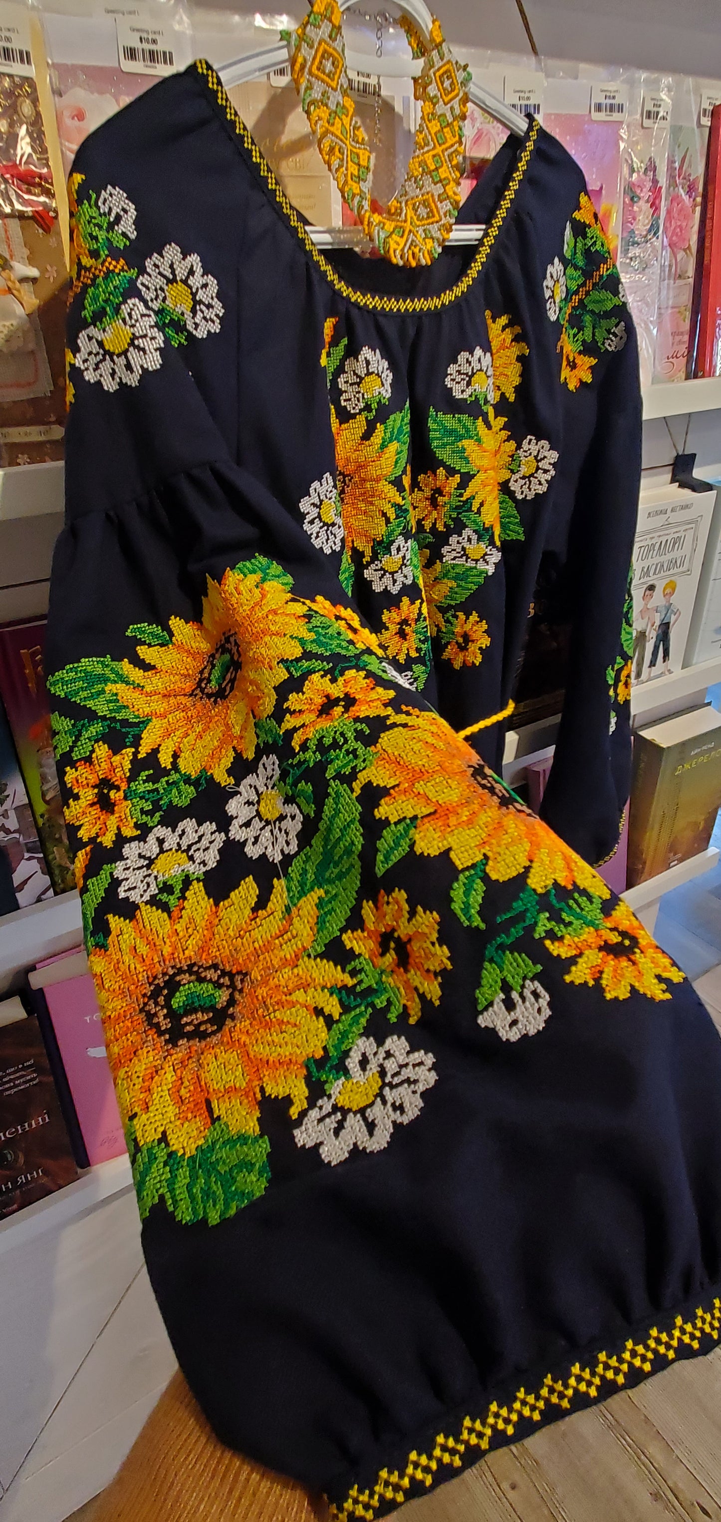Embroidered dress blue/yellow sunflovers