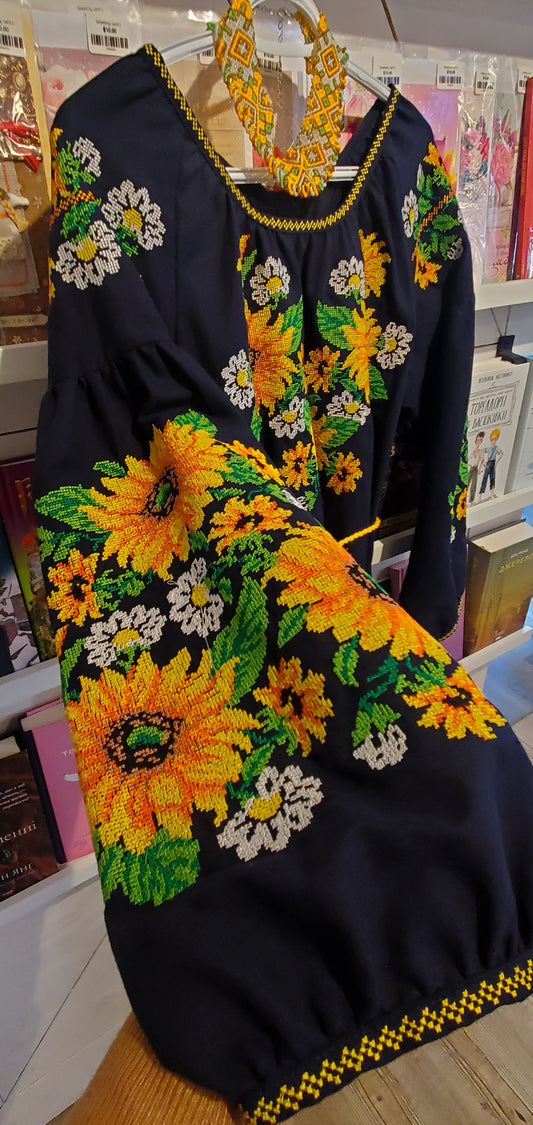 Embroidered dress blue/yellow sunflovers