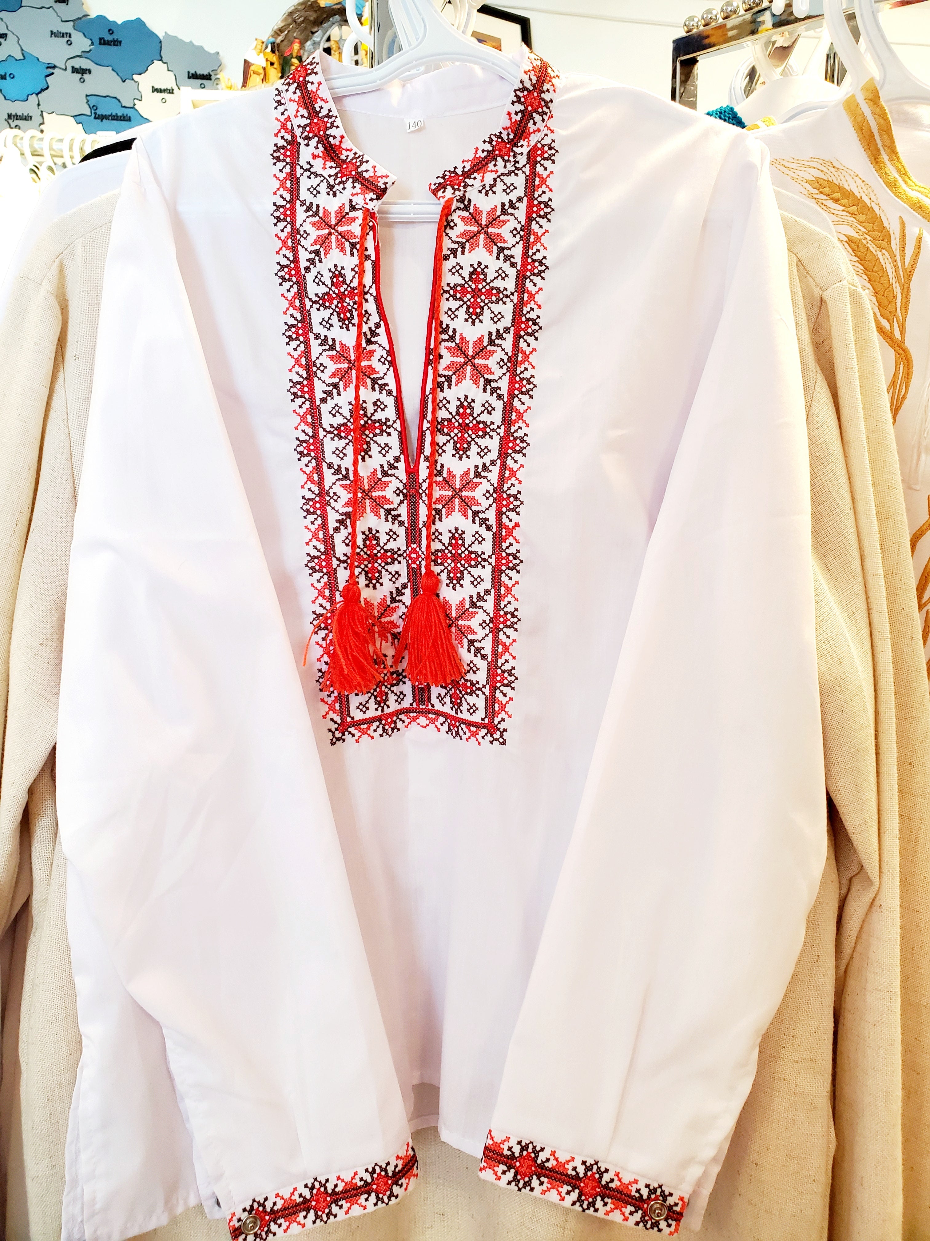 Embroidered children's shirt (white with red\brown), Size 110, 122, 134, 140, 146
