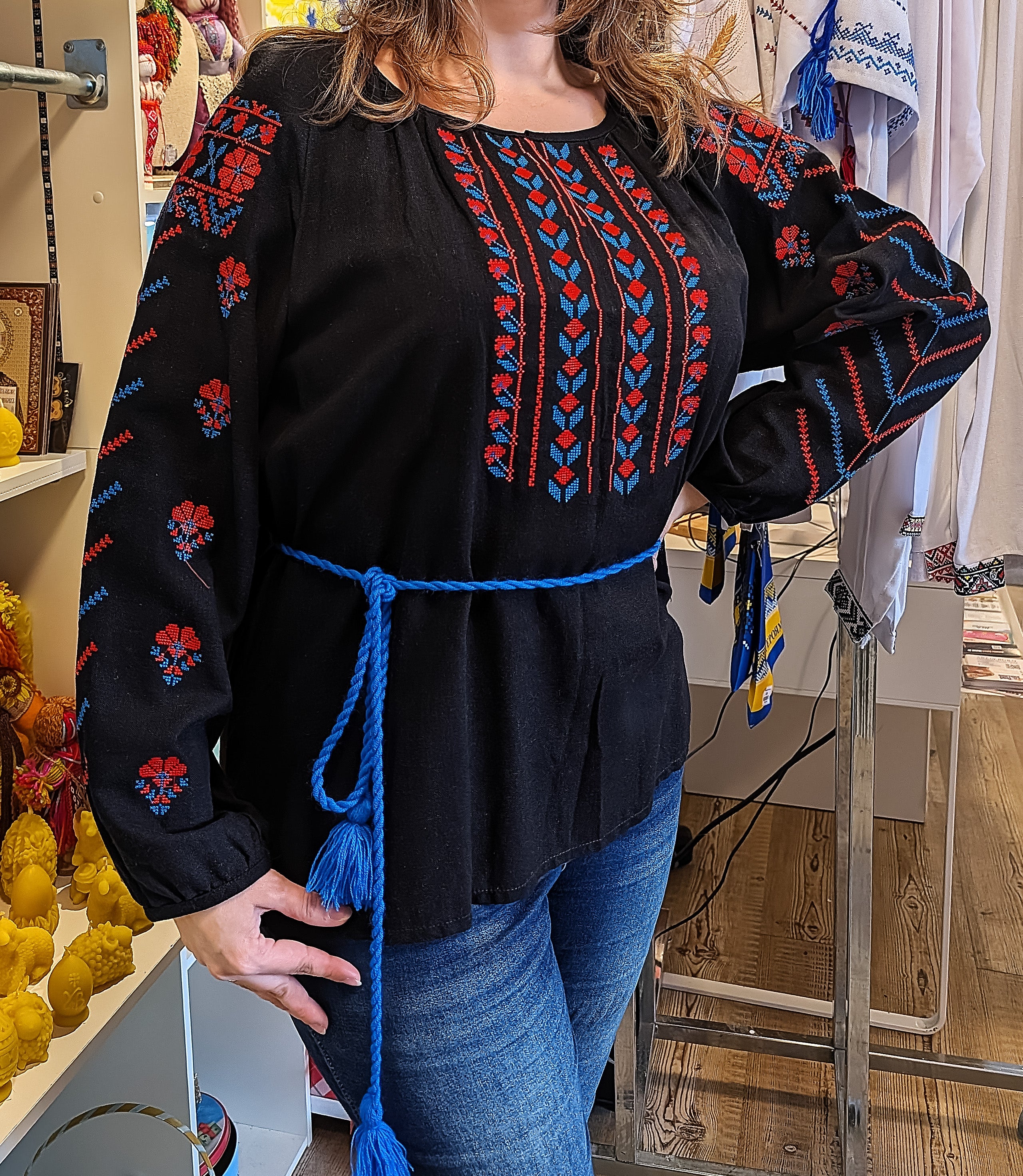 Embroidered women blouse (black with red/blue)