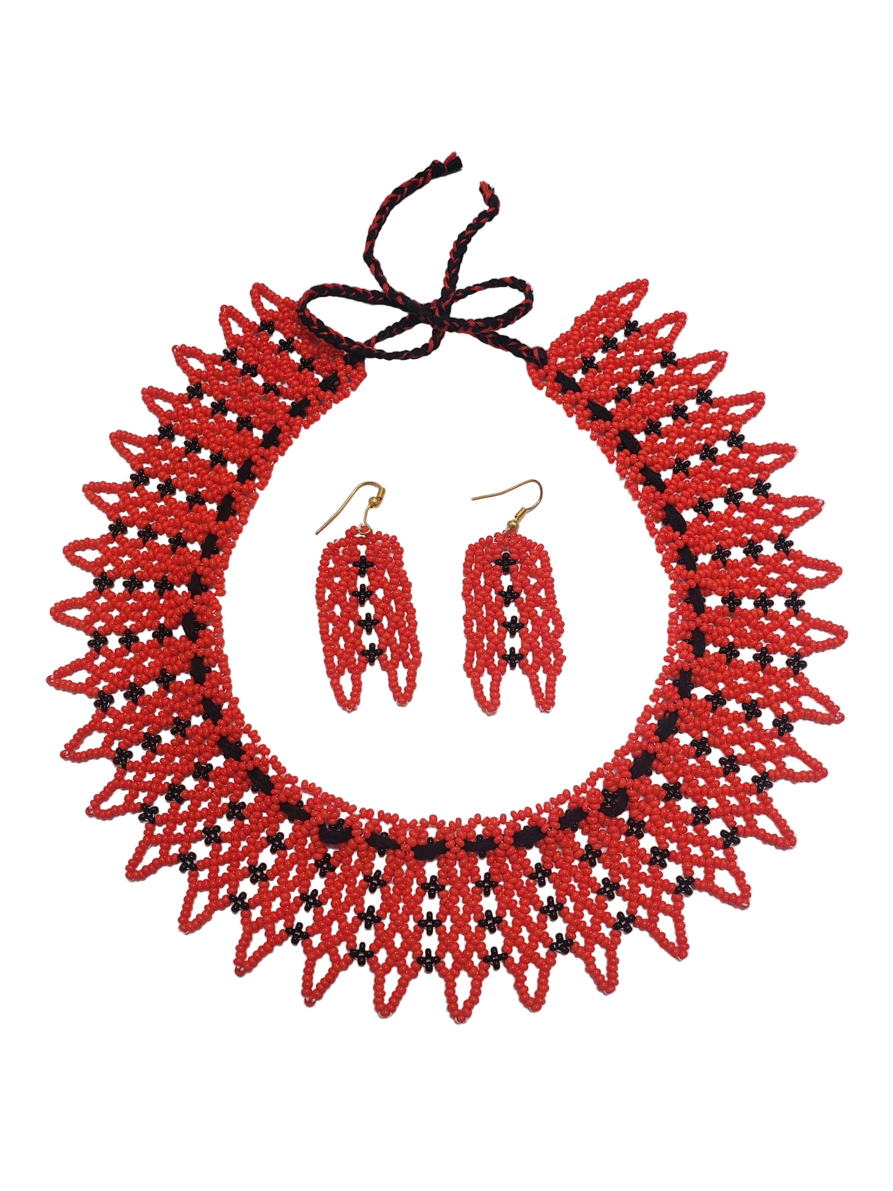Handmade beaded Set: Necklace & Earrings (red/black)