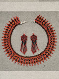 Beaded necklace & earrings Set Red Black 015