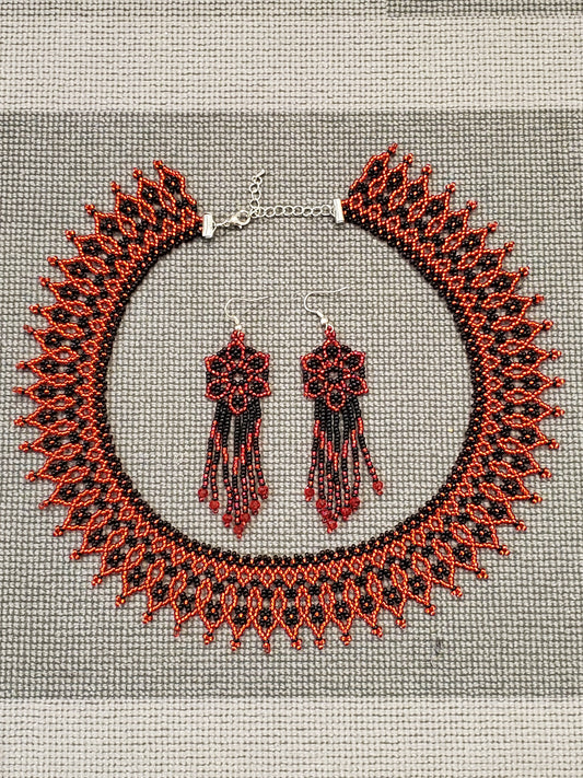 Beaded necklace & earrings Set Red Black 015