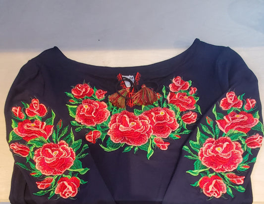 Embroidered blouse "Galychanka" navy blue with red flowers (L, XL, 2XL)