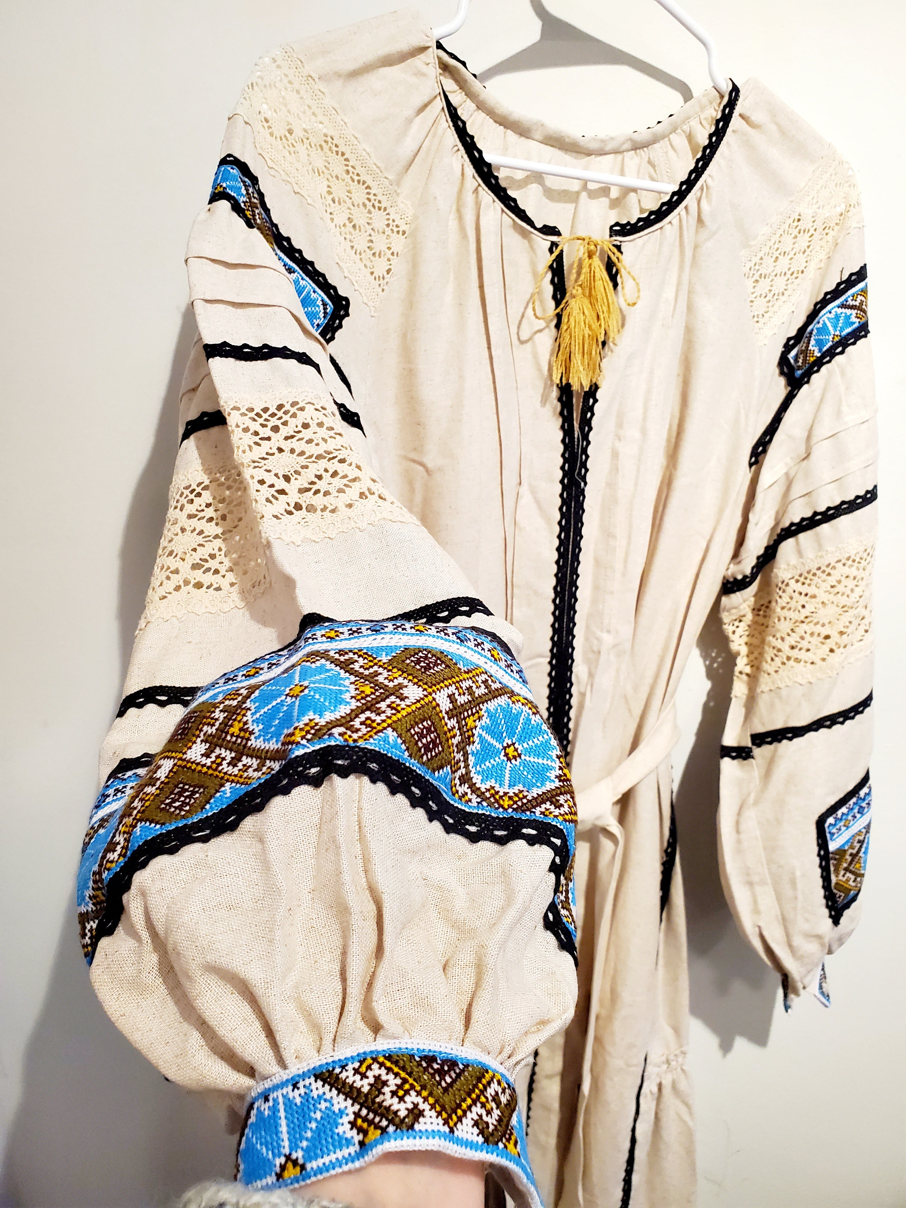 Handmade embroidered linen women dress beige