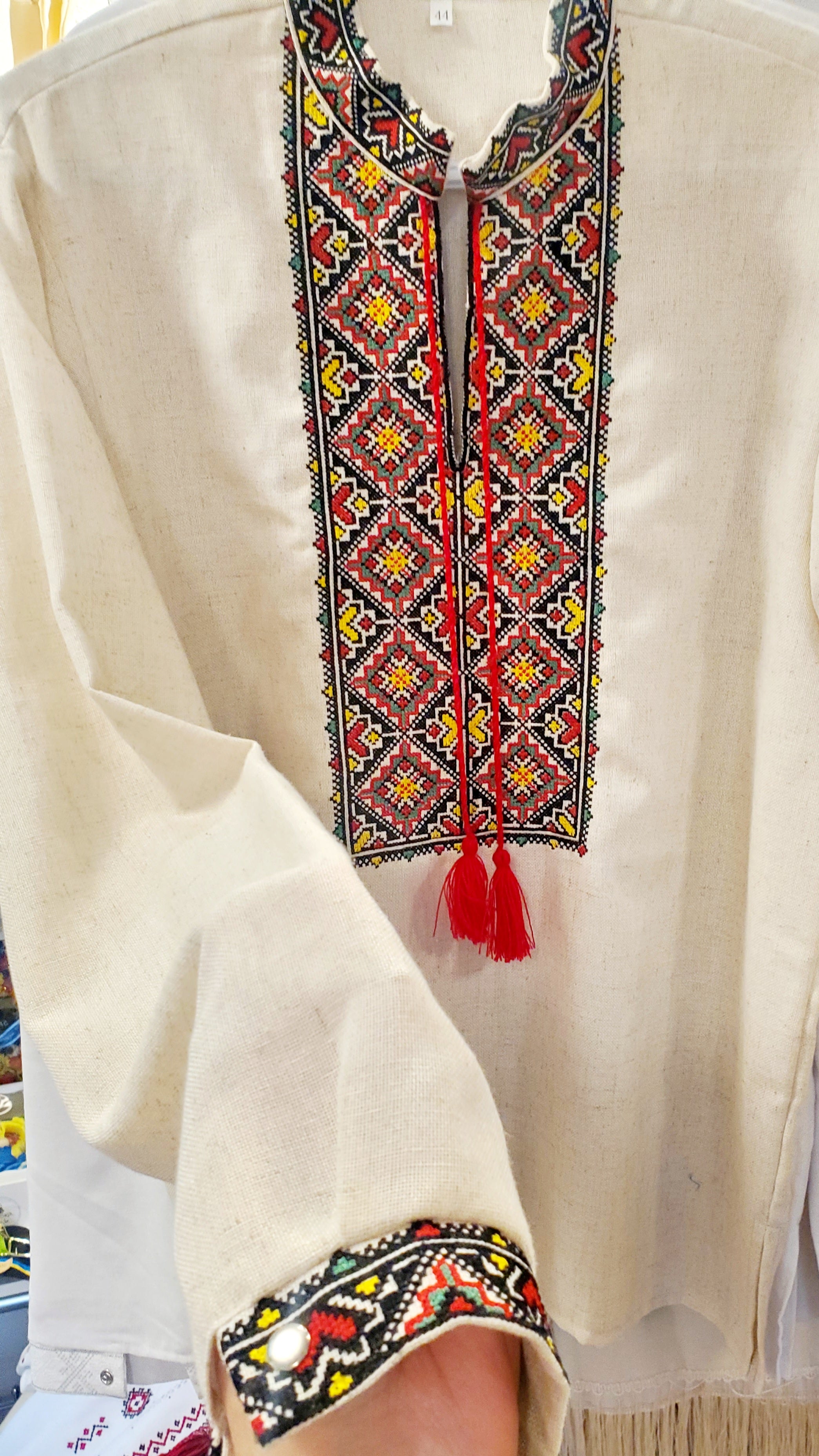 Embroidered linen men's shirt red/blk/yellow (Size S (44))