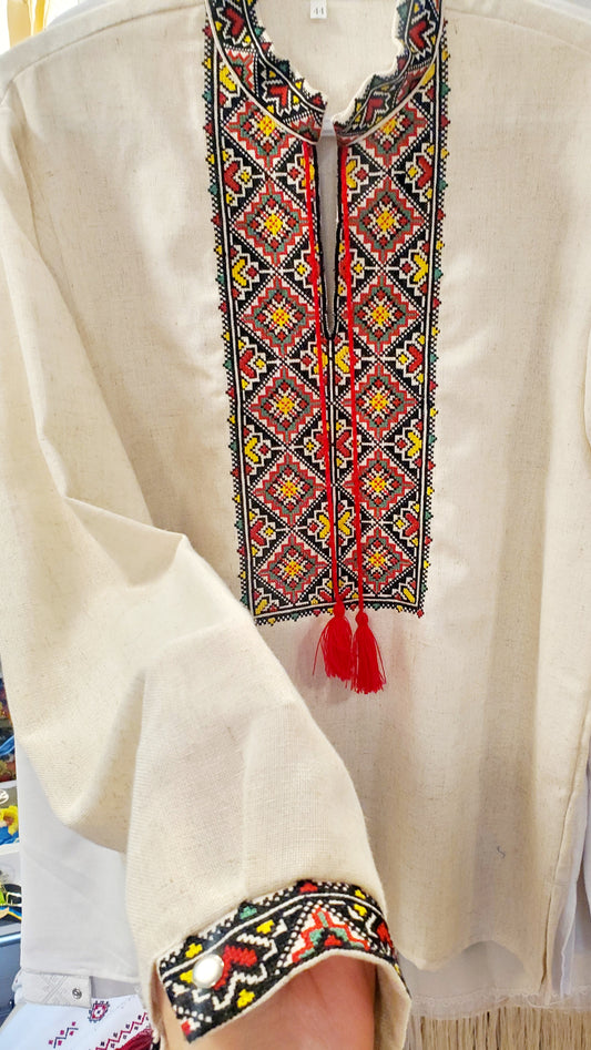 Embroidered linen men's shirt red/blk/yellow (beige & white)