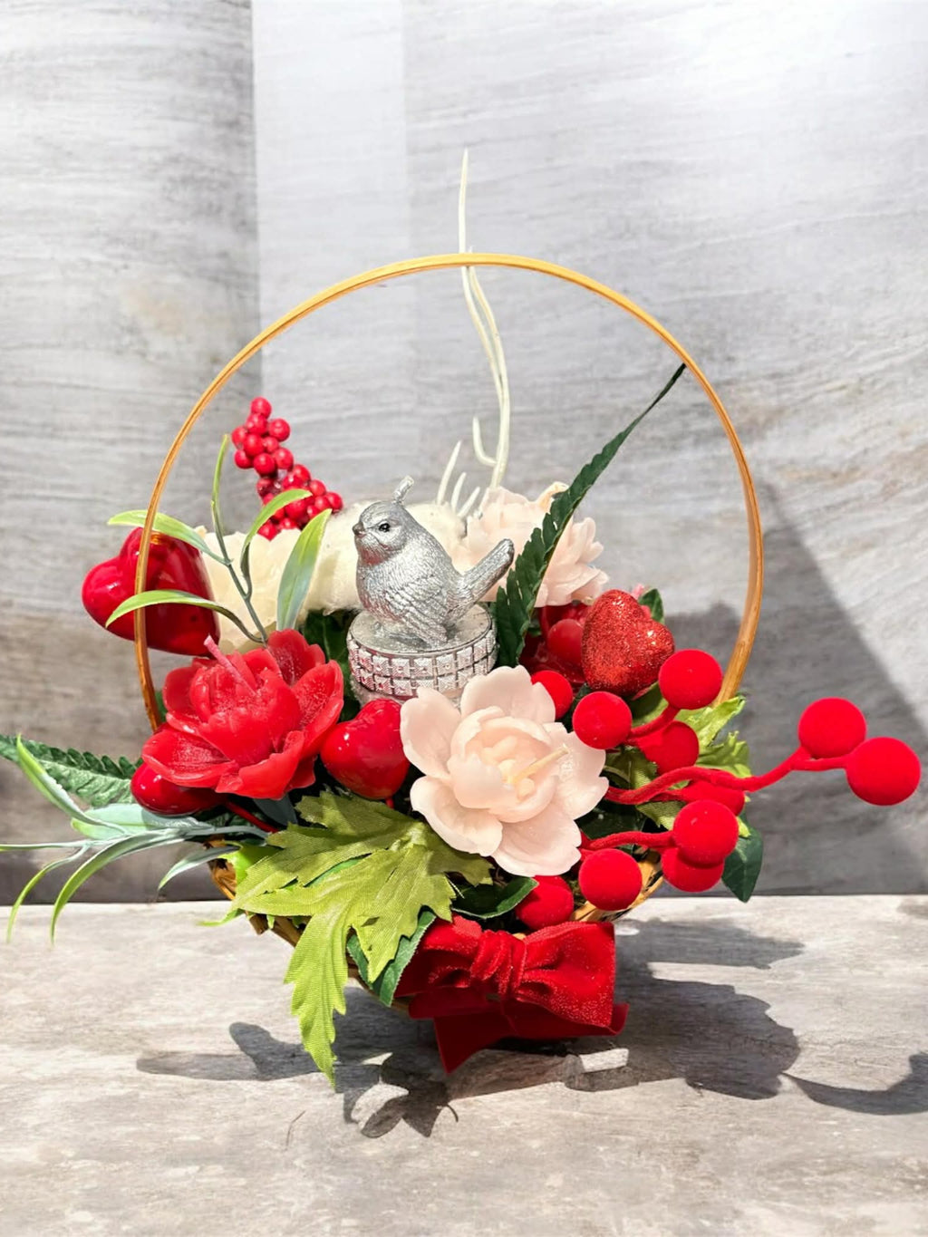 Valentine's Day gift Bouquet of candle flowers in a basket