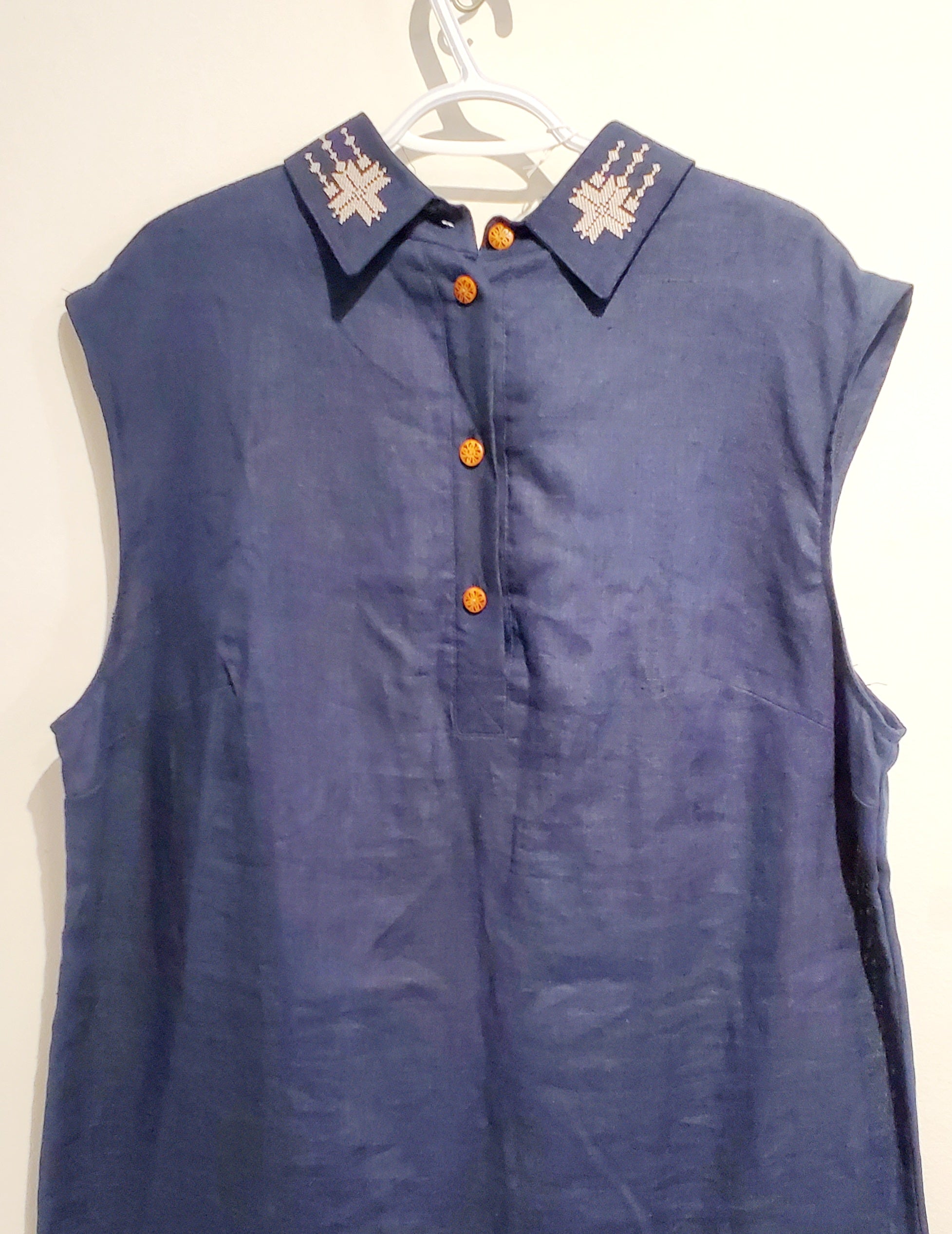 Linen Embroidered Dress, Size XXl (navy blue)