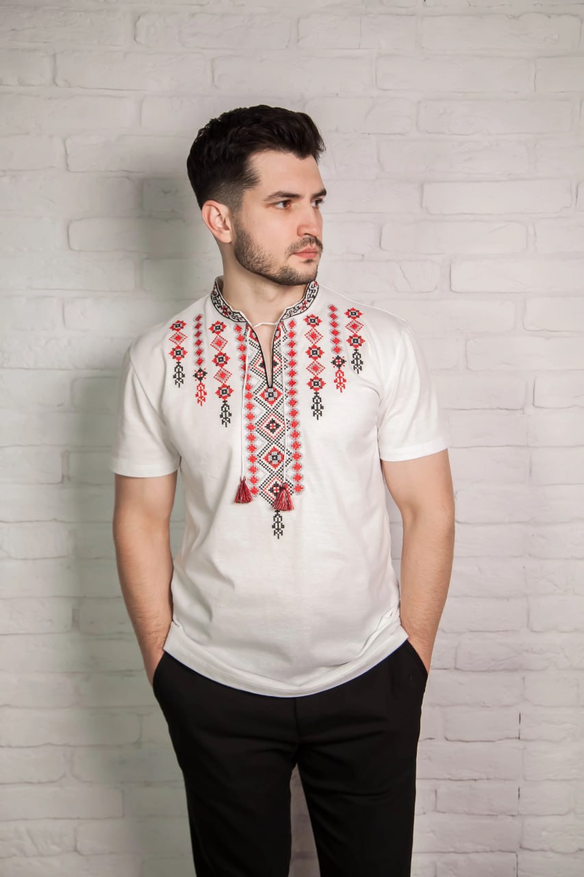 Embroidered men's T-shirt "Galychanka" (white with red/black/grey), XL
