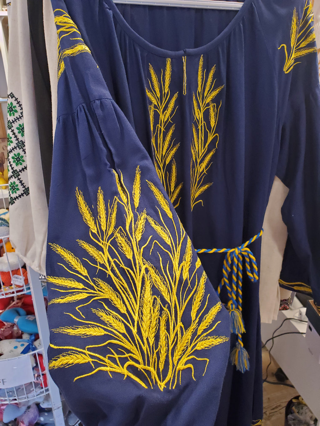 Embroidered linen dress "Gold kolosoks" (navy blue)