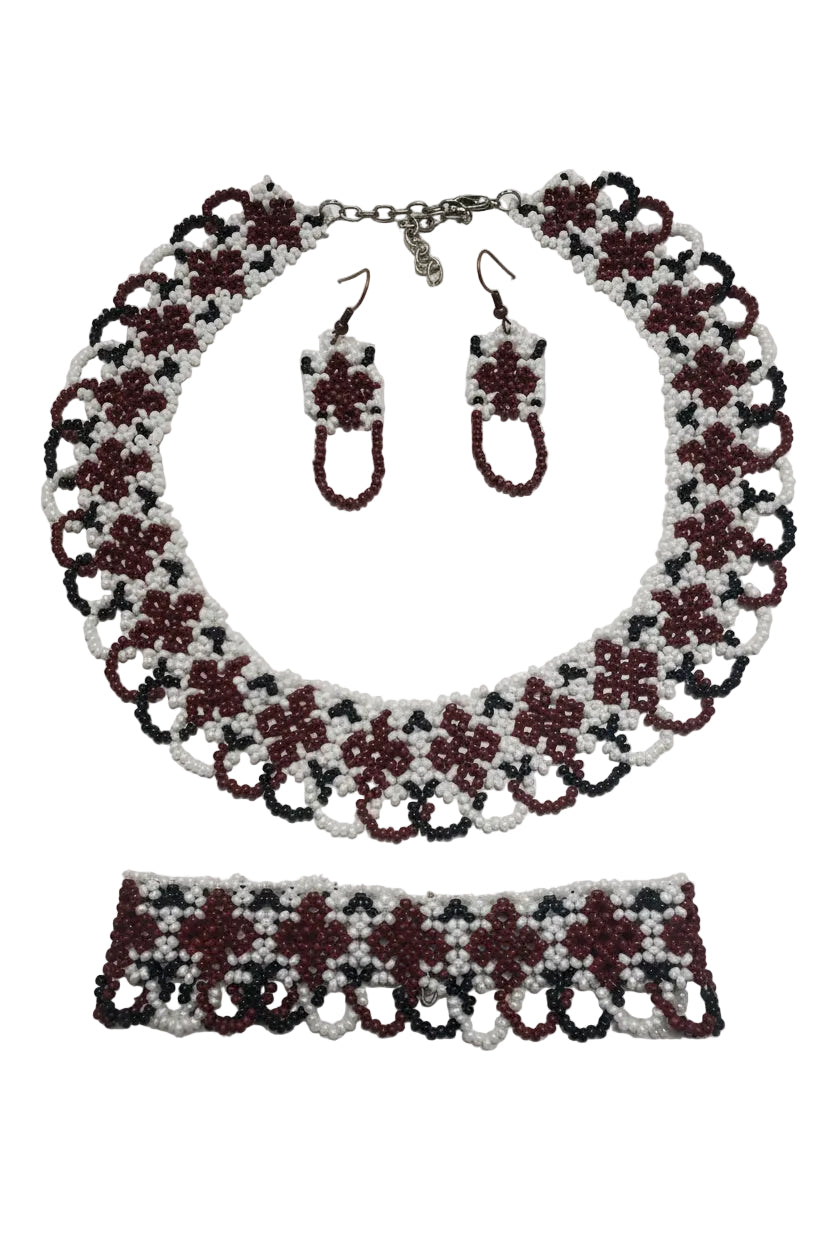 Handmade beaded Set Necklace, Bracelet & Earrings (brown/black/white)