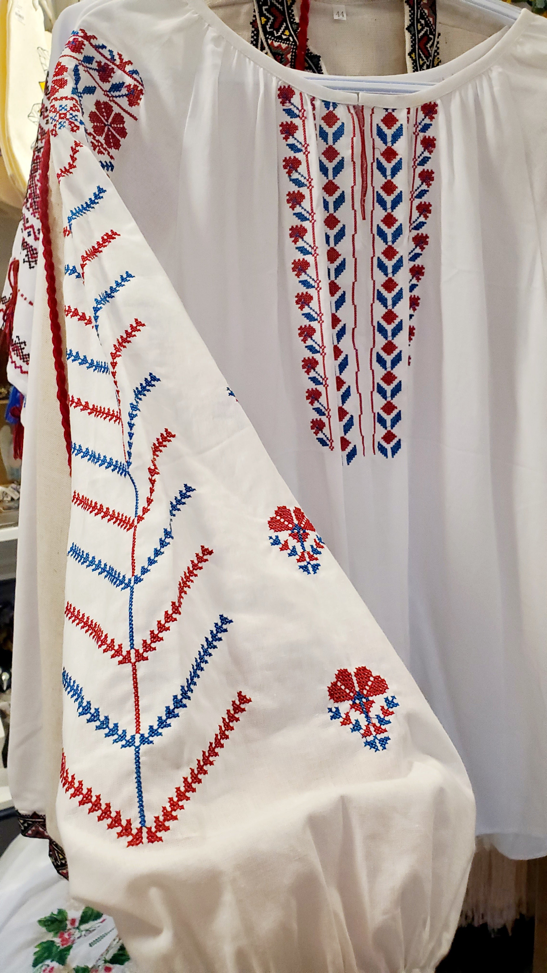 Embroidered women blouse "Vyshyvanka" (white with red/blue ornament), Size L-XL